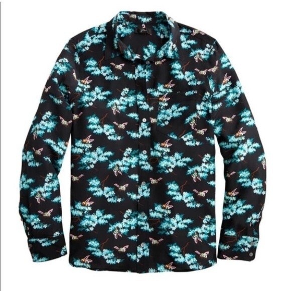 J. Crew Silk Botanical‎ Bee Button Front Blouse Size 2 - Picture 1 of 6